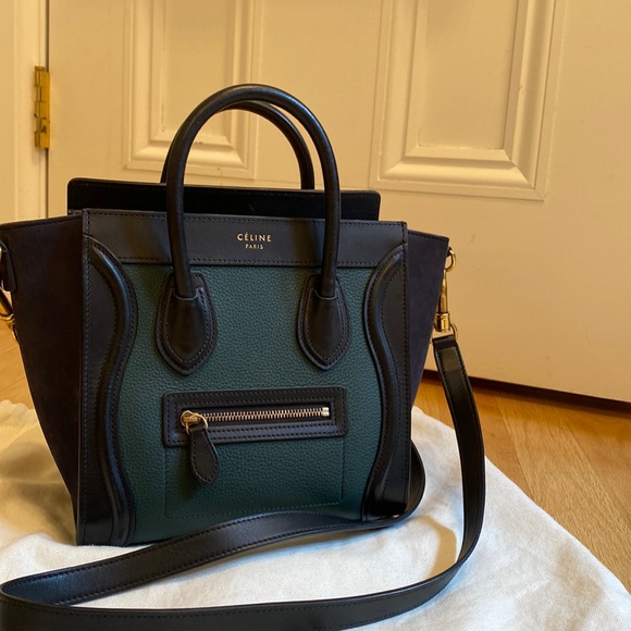 Celine Handbags - Céline mini luggage tote bicolour smooth calfskin in green and black